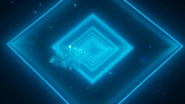 Digital abstract background with glowing neon geometric tunnel, futuristic technology blue dark space, luminous line and particle light, layered diamond shape motion blur search SEO friendly