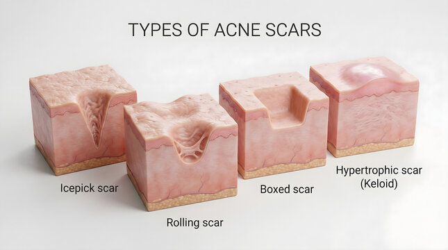 Medical 3D diagram compares four common types of severe acne scars.Supports professional educational dermatological analysis for customized treatment planning. 3D rendering.