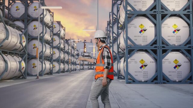Side View of Asian Male Engineer Waving Hand Saying Bye While Walking with Chemical Tanks
