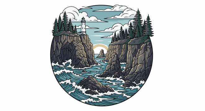 Coastal cliffs with lighthouse, pine trees, and ocean waves at sunset