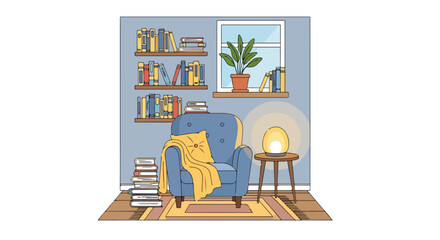 A cozy reading nook with a blue armchair and bookshelves © Jinbe