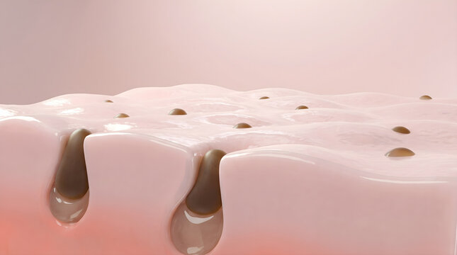 Enlarged blackhead plugs fill up individual pores across human skin landscape.Underscores the vital role of thorough extraction and pore cleansing routines. 3D rendering.
