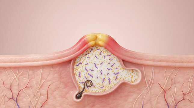 Anatomical cross section map details a swollen inflamed acne pimple structure.Aids professional training in targeted dermatological acne care and treatment. 3D rendering.