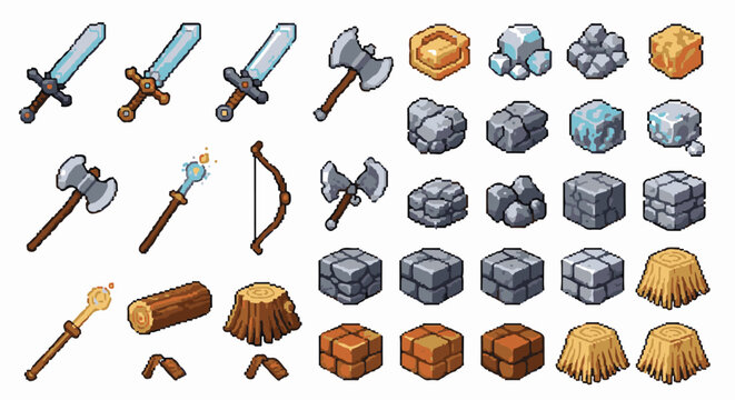 Collection of pixel art game assets including weapons, ores, stones, wood, and hay