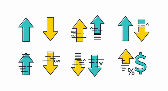 Collection of arrows indicating upward and downward trends, with some showing fluctuations
