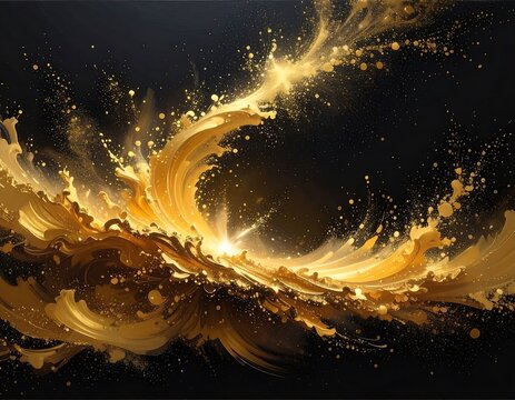 Abstract artwork depicting a golden fluid dynamic explosion against a dark, contrasting background