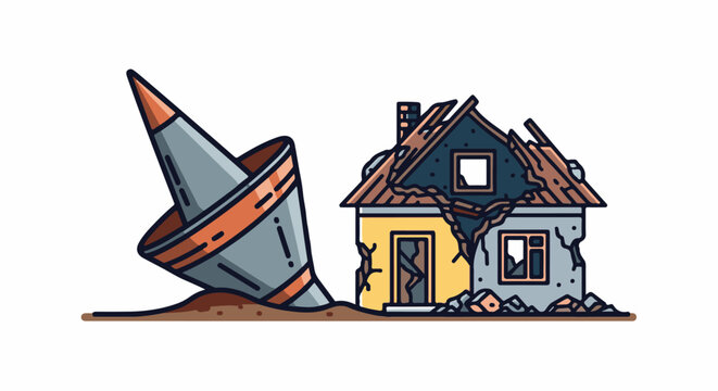 Damaged house and fallen projectile in rubble