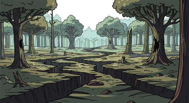 Cracked, wooded terrain with a narrow, winding path and distant, hazy trees