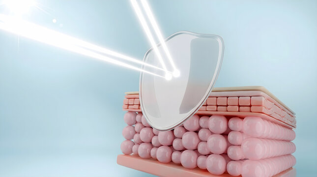 Protective clear shield deflects aggressive UV sun rays away from vulnerable skin block.Prevents cellular breakdown and strengthens barrier health. 3D rendering.