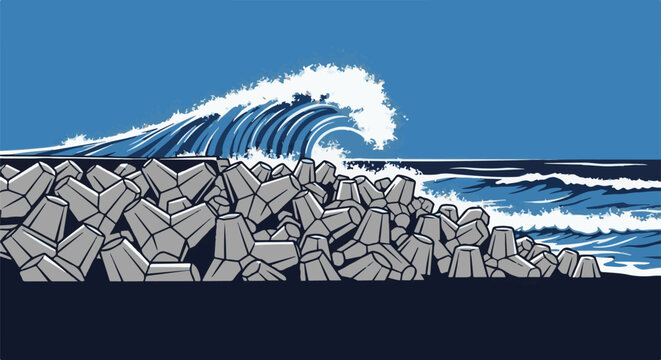 Crashing ocean wave breaks over a breakwater made of tetrapods