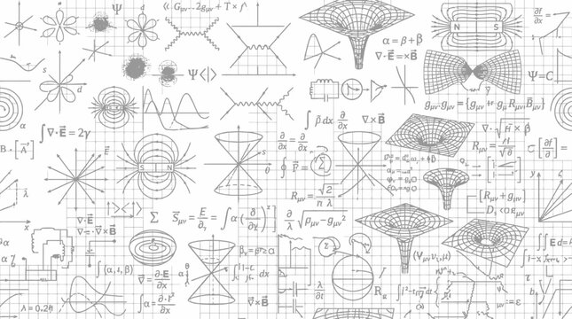 Quantum Physics and Mathematics Formulas on Grid Background