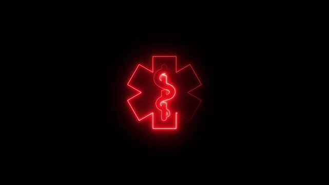 Red neon star of life medical symbol glowing on black background