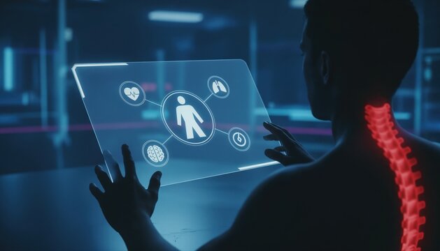 Futuristic Health Analysis: A man interacts with a holographic interface displaying health metrics and organ icons, visualizing advanced medical technology and body scan.