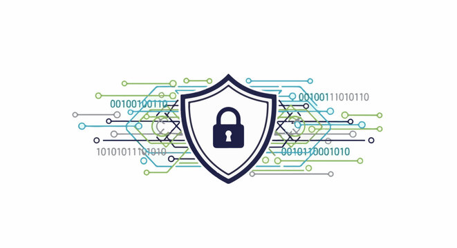Digital shield with padlock and binary code circuit board lines