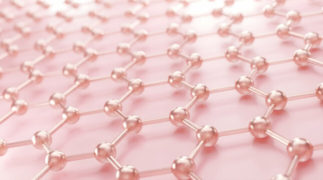 Interlinked metallic rose gold spheres create a continuous molecular network lattice.Illustrates structural protein integrity for advanced skin firming therapies. 3D rendering.