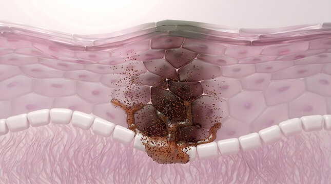 Dark hyperpigmentation spot forms dense melanin clusters within the epidermal cross section.Highlights targeted dermatological whitening and tone correcting treatments. 3D rendering.