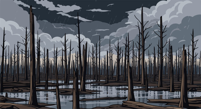 Desolate landscape with skeletal trees standing in murky water under a stormy sky