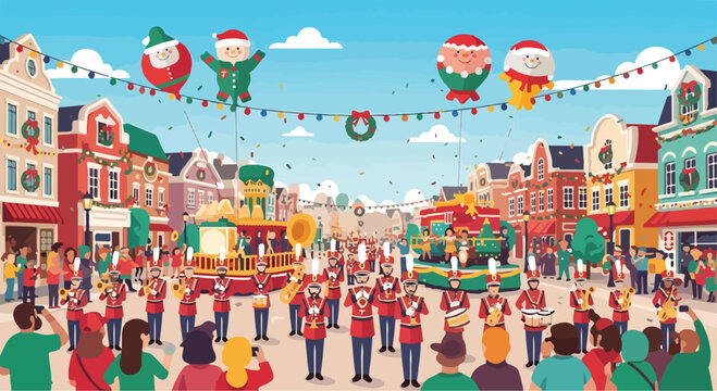 A vibrant Christmas parade scene with people, marching band, and festive floats