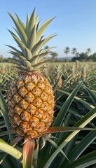 Obraz premium Golden Pineapple in a Tropical Field: A ripe, golden pineapple stands prominently in a lush field under a clear blue sky, with rows of pineapple plants stretching into the distance.