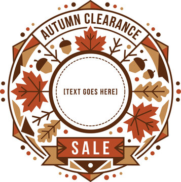 Ornate autumn clearance sale vector graphic illustration badge design featuring fall leaves and acorns on white background.