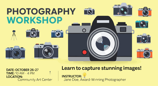 A photography workshop poster with a large camera