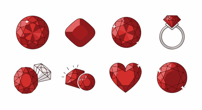 Eight faceted ruby gems in various shapes, one on a ring