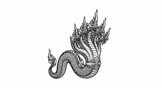 Detailed monochromatic drawing of a multi-headed serpent creature