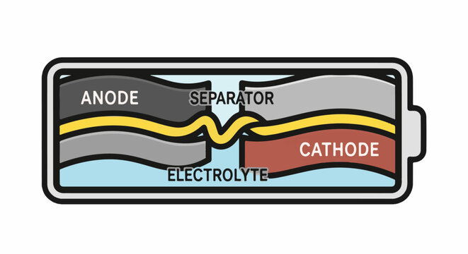 Diagram of battery components anode, cathode, separator, and electrolyte