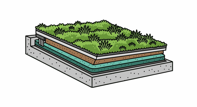 Diagram illustrating layers of a green roof system with vegetation on top