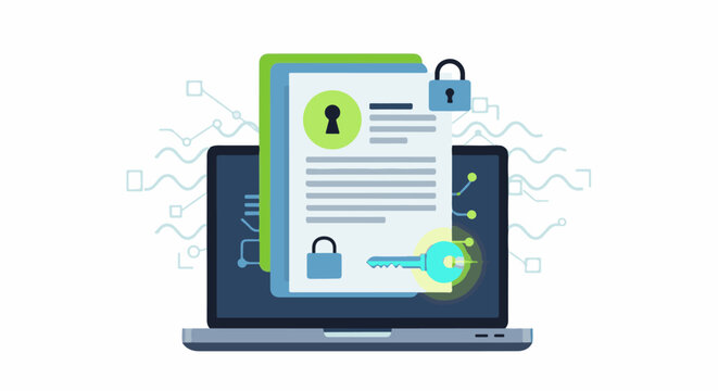 Digital document security laptop, key, lock, and data streams