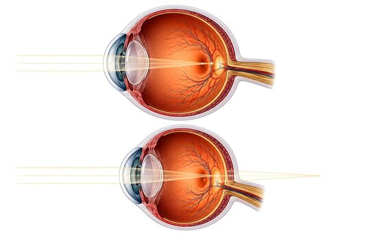 Normal Eye vs Hyperopia Farsightedness Comparison, Realistic Human Eye Anatomy Cross Section Medical Illustration