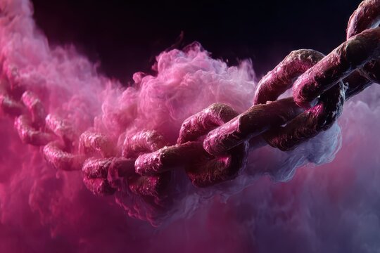 Gilded Chain Emerging from Smoke: A heavy, metallic chain, its links rendered in rich detail, emerges from a swirling cloud of pink and purple smoke.