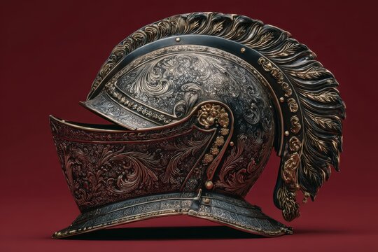 Ornate Knight's Helmet: An exquisitely crafted historical helmet, adorned with intricate engravings and a plumed crest, rests against a rich, deep red background.