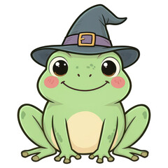 Fototapeta premium Cute Frog Witch: A whimsical illustration of a charming green frog adorned with a pointy witch hat, exuding a playful and friendly aura perfect for Halloween or fantasy themes.