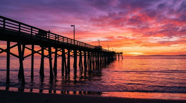 A long wooden pier extends into a vibrant ocean at sunset. The sky is ablaze with shades of pink, purple, and orange, reflecting beautifully on the calm water.
