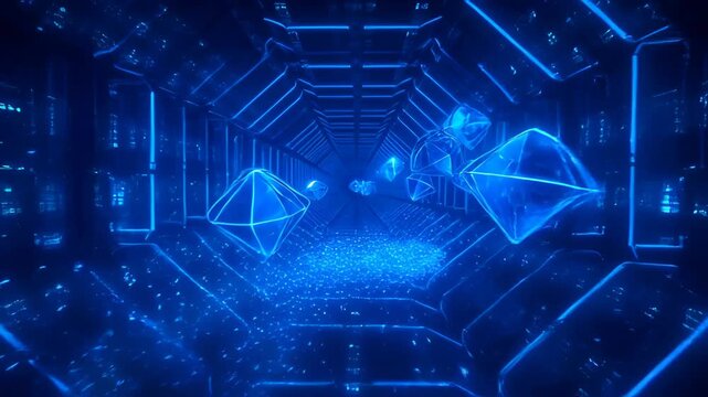 Digital abstract background of blue geometric tunnel with glowing light and futuristic particle field, blue neon light in futuristic tunnel and glowing geometric form, high tech corridor perspective