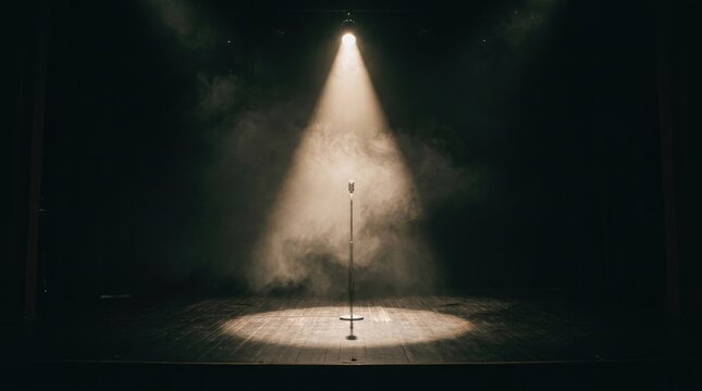 A single microphone stands on a stage bathed in a powerful spotlight. The stage is dark, with a thick layer of smoke obscuring the background.