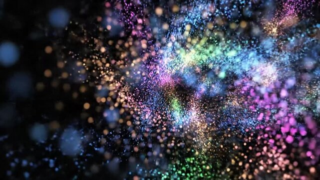 Abstract particle explosion with vibrant color display against black background for creative visualization concepts