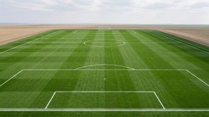 Obraz premium A wide-angle aerial shot captures a vibrant green soccer field stretching across a vast, flat landscape.