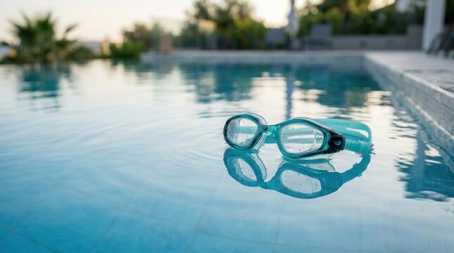 A pair of teal swimming goggles rests on the surface of a shimmering blue swimming pool. The goggles reflect the surrounding pool water and the distant poolside structures.
