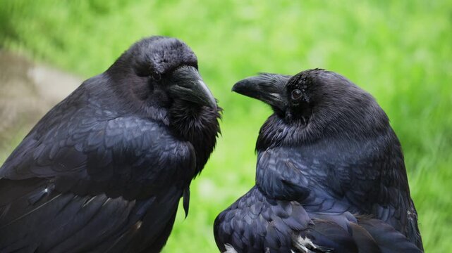 Two black ravens perched on a wooden branch, glossy dark feathers with subtle blue highlights, facing each other