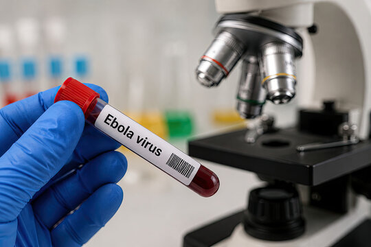 Hand in blue glove holding test tube labeled Ebola virus near microscope