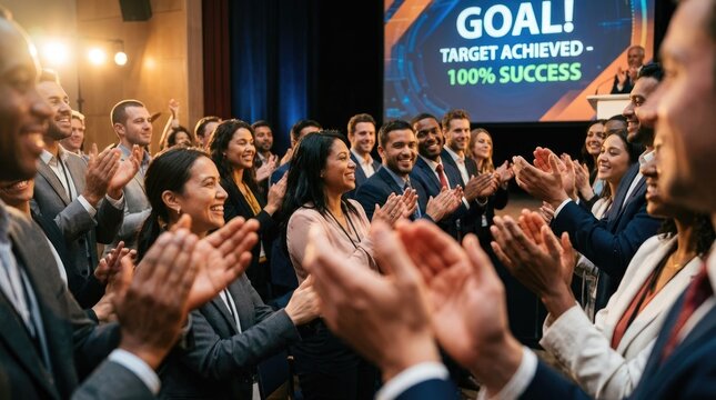 A diverse group of professionals celebrate a significant achievement. People in business attire are clapping and cheering, with a large screen displaying "GOAL! TARGET ACHIEVED - 100% SUCCESS".