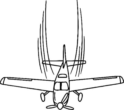 Black and white line drawing of small propeller airplane rear view.