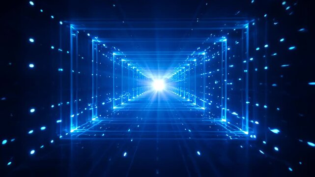 Digital Abstract Background with Futuristic Blue Neon Tunnel, Glowing Light Depth Perspective, Dark Space and Particle Motion Energy