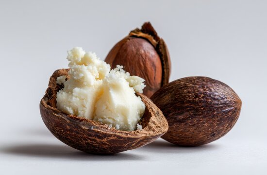 Natural shea butter inside nut shell beside whole nuts with skincare cosmetic ingredient moisturizer extracted close-up isolated botanical moisturizing wellness