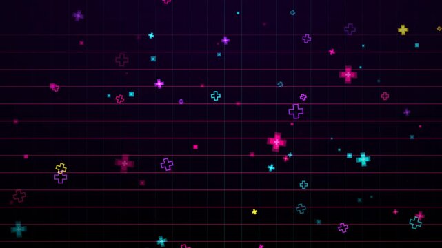 Retro neon synthwave background animation featuring colorful floating plus cross signs and pixel squares floating over a glowing grid backdrop