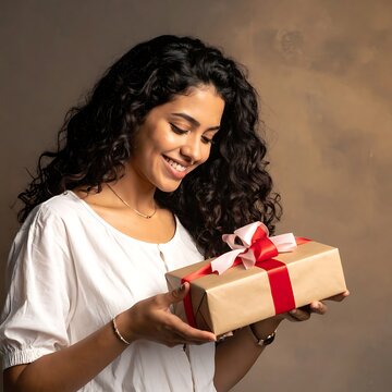 A woman holds a gift box with a red ribbon