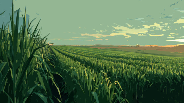 Vibrant Sugarcane Field Landscape Illustration at Sunset