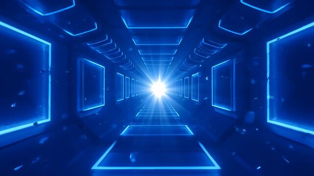 Digital tunnel blue light glowing panel futuristic corridor abstract background perspective view, digital abstract background blue neon tunnel perspective futuristic corridor glowing light pattern